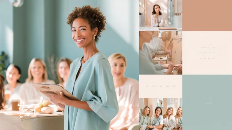 مشاور زیبایی حرفه‌ای در حال مربی‌گری تیم با نمودارهای داده و خط زمانی ۶۰روزه؛ نماد اعتماد برند و توسعه فردی در صنعت زیبایی