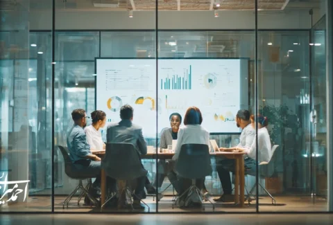 مدیران ایرانی در حال مربیگری تیم برای ساخت فرهنگ رشد و رهبری برندمحور با داشبوردهای KPI و OKR در یک دفتر مدرن