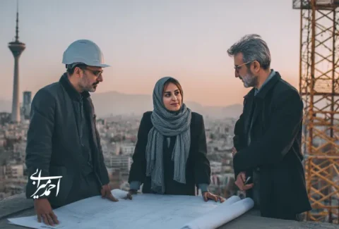 سه مهندس ساختمان در حال صحبت در نمایی از برج میلاد