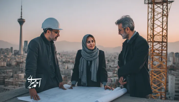 سه مهندس ساختمان در حال صحبت در نمایی از برج میلاد