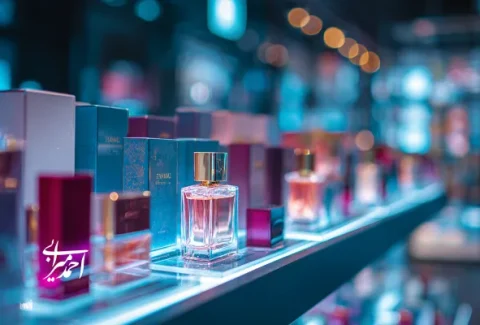 قفسه‌ای نورپردازی‌شده با شیشه‌های عطر و بسته‌بندی‌های رنگارنگ در فروشگاه لوکس لوازم آرایشی.