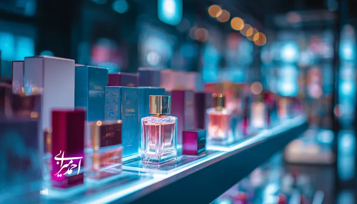 قفسه‌ای نورپردازی‌شده با شیشه‌های عطر و بسته‌بندی‌های رنگارنگ در فروشگاه لوکس لوازم آرایشی.