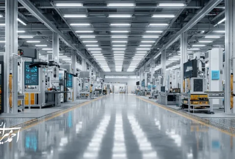 تصویر مفهومی از نوآوری در برندسازی صنعتی: اتصال خط تولید مدرن با هویت بصری مینیمال، ردیابی سری ساخت و گزارش آزمون کیفیت در بازار B2B.