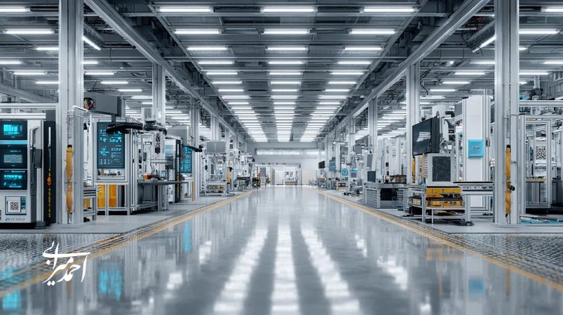 تصویر مفهومی از نوآوری در برندسازی صنعتی: اتصال خط تولید مدرن با هویت بصری مینیمال، ردیابی سری ساخت و گزارش آزمون کیفیت در بازار B2B.