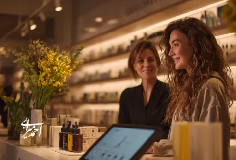 دو زن جوان در فروشگاه محصولات آرایشی در حال گفت‌وگو و مشاوره درباره انتخاب لوازم زیبایی هستند؛ محیطی گرم، حرفه‌ای و الهام‌بخش با نورپردازی ملایم و چیدمان مدرن.