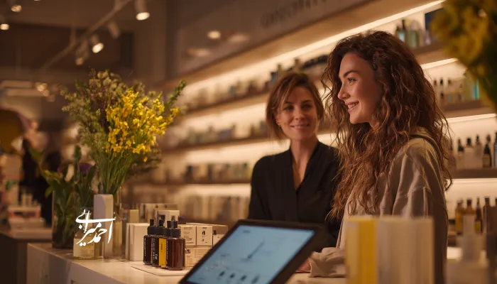 دو زن جوان در فروشگاه محصولات آرایشی در حال گفت‌وگو و مشاوره درباره انتخاب لوازم زیبایی هستند؛ محیطی گرم، حرفه‌ای و الهام‌بخش با نورپردازی ملایم و چیدمان مدرن.