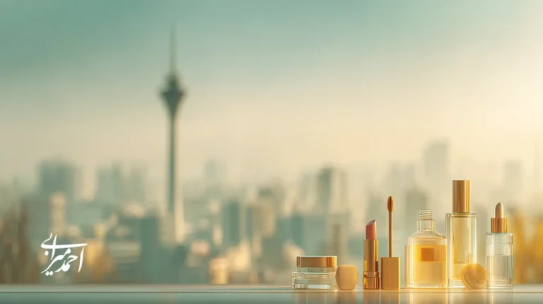 تصویر طلوع تهران با آیکون‌های مالی و محصولات آرایشی؛ نماد تحلیل فرصت‌های سرمایه‌گذاری ۲۰۲۵ در بازار آرایشی ایران و فین‌تک.