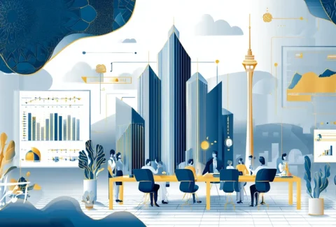 تصویر مفهومی از سرمایه‌گذاری خطرپذیر در ایران با نمایش اکوسیستم VC و CVC، نمودارهای IRR، TVPI و DPI و همکاری سرمایه‌گذاران و استارتاپ‌ها