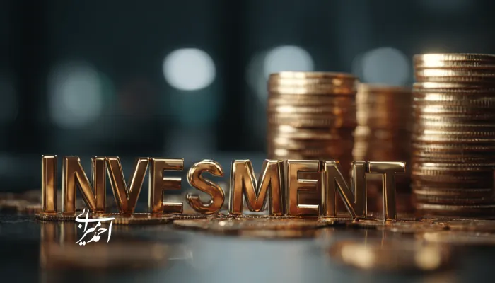 حروف طلایی Investment در کنار سکه‌های انباشته؛ نمادی از سرمایه‌گذاری، بازده مالی و رشد اقتصادی
