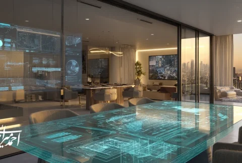 تصویر مفهومی برندسازی املاک با نمایش دوقلوی دیجیتال، گزارش شفاف پیشرفت و تعامل توسعه‌دهنده با خریداران برای تقویت اعتماد و ارزش برند توسعه‌دهنده