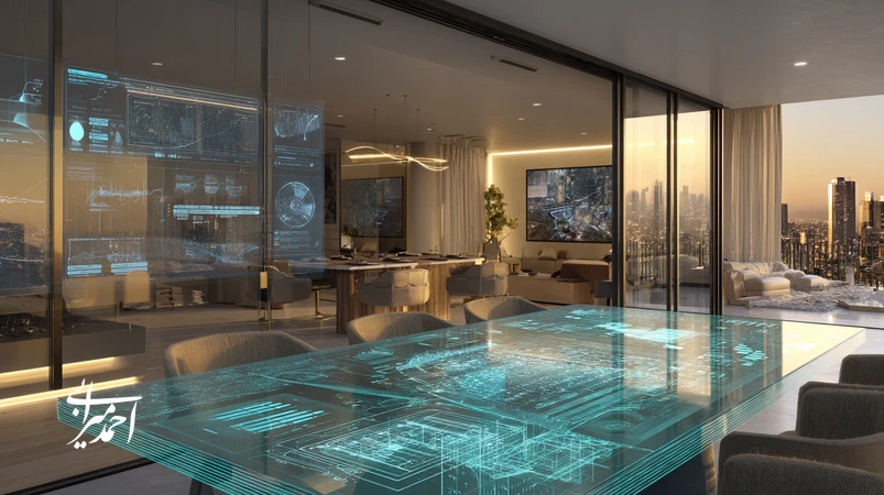 تصویر مفهومی برندسازی املاک با نمایش دوقلوی دیجیتال، گزارش شفاف پیشرفت و تعامل توسعهدهنده با خریداران برای تقویت اعتماد و ارزش برند توسعهدهنده