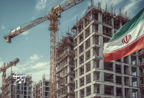 نمایی از پروژه ساختمانی در حال ساخت با جرثقیل و پرچم ایران؛ نمادی از توسعه شهری و صنعت املاک کشور