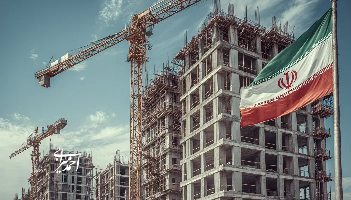 نمایی از پروژه ساختمانی در حال ساخت با جرثقیل و پرچم ایران؛ نمادی از توسعه شهری و صنعت املاک کشور
