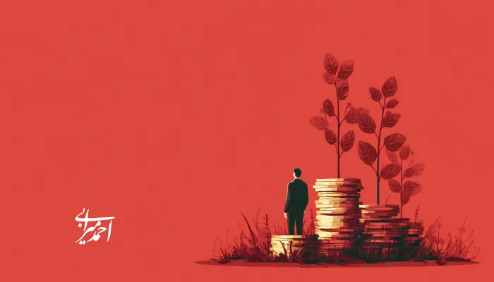 تصویر مفهومی از فردی در حال تماشای رشد گیاهان روی پشته‌ای از سکه‌ها؛ نمادی از سرمایه‌گذاری پایدار و رشد بلندمدت مالی