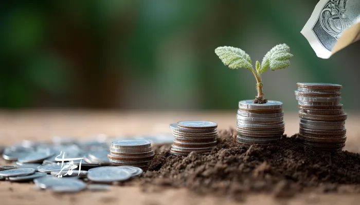 رشد گیاه از میان پشتهای از سکهها؛ نمادی از سرمایهگذاری هوشمند و رشد پایدار اقتصادی