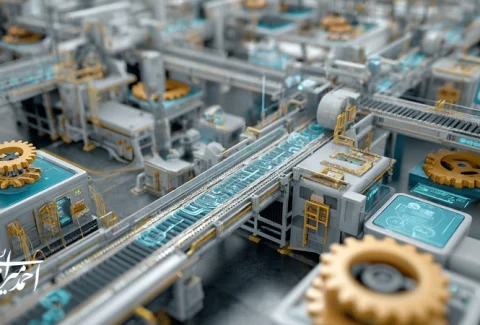 تصویر مفهومی رشد هوشمندانه برندهای تولیدی؛ توازن ظرفیت تولید، استراتژی بازار و نقدینگی با نمودار رشد و هویت برند برای ماندگاری.