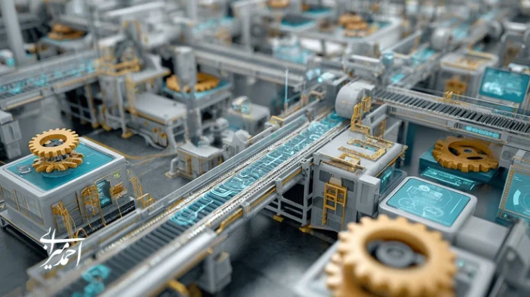 تصویر مفهومی رشد هوشمندانه برندهای تولیدی؛ توازن ظرفیت تولید، استراتژی بازار و نقدینگی با نمودار رشد و هویت برند برای ماندگاری.