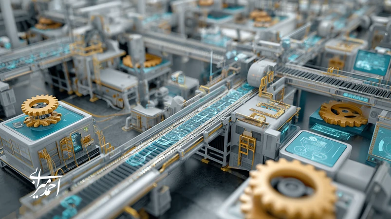 تصویر مفهومی رشد هوشمندانه برندهای تولیدی؛ توازن ظرفیت تولید، استراتژی بازار و نقدینگی با نمودار رشد و هویت برند برای ماندگاری.