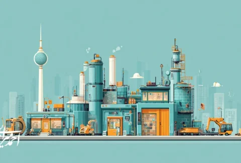 تصویر مفهومی سرمایه‌گذاری در SMEها در ایران؛ دیجیتالی‌سازی، برندینگ و رشد کسب‌وکار با نمودار صعودی و کارگاه در حال تبدیل به کارخانه مدرن.