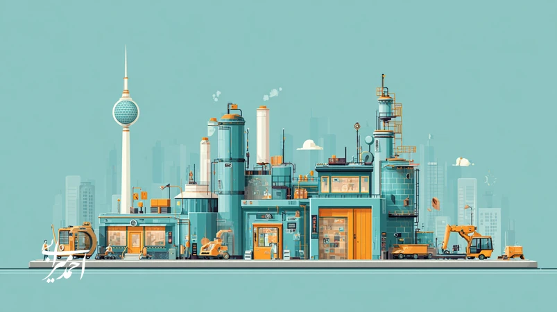 تصویر مفهومی سرمایهگذاری در SMEها در ایران؛ دیجیتالیسازی، برندینگ و رشد کسبوکار با نمودار صعودی و کارگاه در حال تبدیل به کارخانه مدرن.