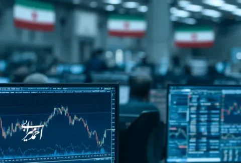 نمایی از تالار بورس ایران با نمایش نمودارهای تحلیلی روی مانیتورها؛ نمادی از سرمایه‌گذاری، تحلیل داده و رشد اقتصادی در بازار سرمایه کشور