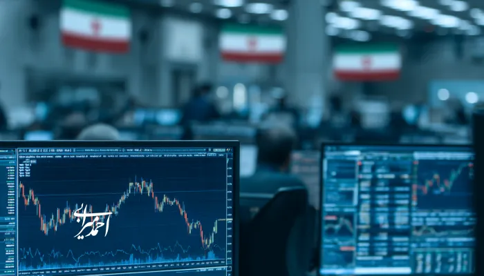 نمایی از تالار بورس ایران با نمایش نمودارهای تحلیلی روی مانیتورها؛ نمادی از سرمایه‌گذاری، تحلیل داده و رشد اقتصادی در بازار سرمایه کشور
