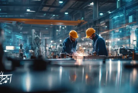 مهندسان و مدیران تولید در کارخانه ایرانی در حال همکاری میان‌بخشی؛ نمایش قدرت نرم، توسعه فردی صنعتی و بهبود تجربه مشتری B2B