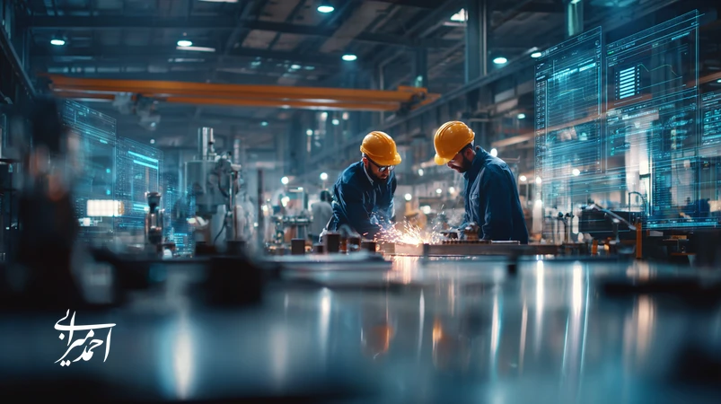 مهندسان و مدیران تولید در کارخانه ایرانی در حال همکاری میان‌بخشی؛ نمایش قدرت نرم، توسعه فردی صنعتی و بهبود تجربه مشتری B2B