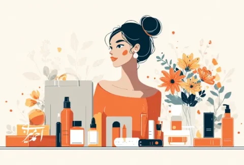 تصویر یک زن جوان با موهای بسته، در میان مجموعه‌ای از محصولات آرایشی و مراقبت پوست با طراحی مدرن و رنگ‌های نارنجی و کرمی، در فضایی هنری و الهام‌گرفته از طبیعت و گل‌ها.