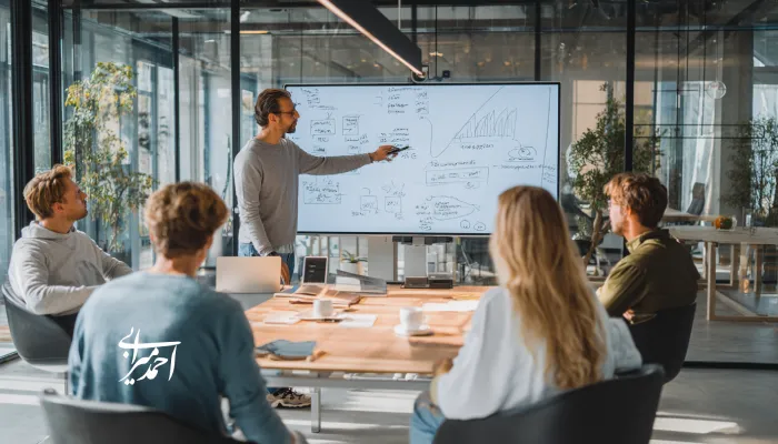 جلسه منتورینگ استارتاپ در یک فضای کاری مدرن، منتور در حال توضیح استراتژی رشد روی وایتبرد دیجیتال برای تیم بنیانگذاران جوان