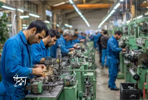 کارگران با لباس آبی در خط تولید کارخانه‌ای صنعتی مشغول کار با دستگاه‌های تراش و ابزارهای فلزی هستند.