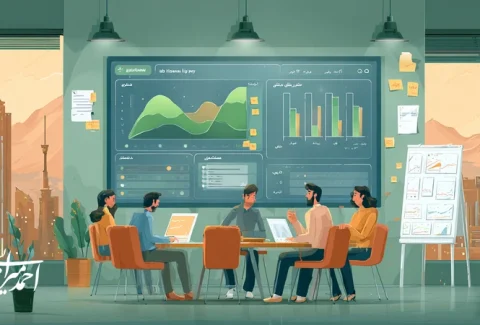 داشبورد داده‌محور با شاخص‌های رشد پایدار شامل Retention، CLV و CAC در یک کسب‌وکار ایرانی؛ تیم در حال برنامه‌ریزی آزمون A/B و سفر مشتری برای افزایش نگهداشت و کاهش CAC.
