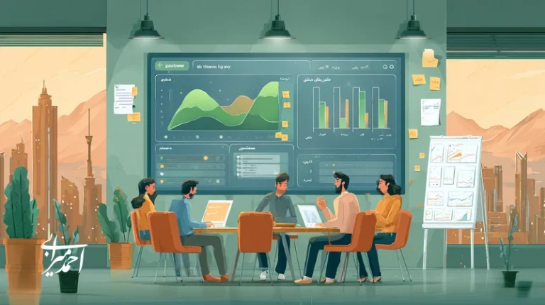 داشبورد داده‌محور با شاخص‌های رشد پایدار شامل Retention، CLV و CAC در یک کسب‌وکار ایرانی؛ تیم در حال برنامه‌ریزی آزمون A/B و سفر مشتری برای افزایش نگهداشت و کاهش CAC.