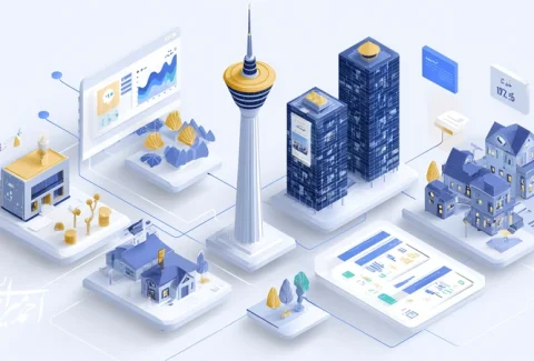 تصویری از معماری رشد پایدار در کسب‌وکارهای املاک ایران با قیف بازاریابی چندکاناله، داشبورد KPI (MQL، CAC، LTV، NPS) و همسویی فروش و برند.