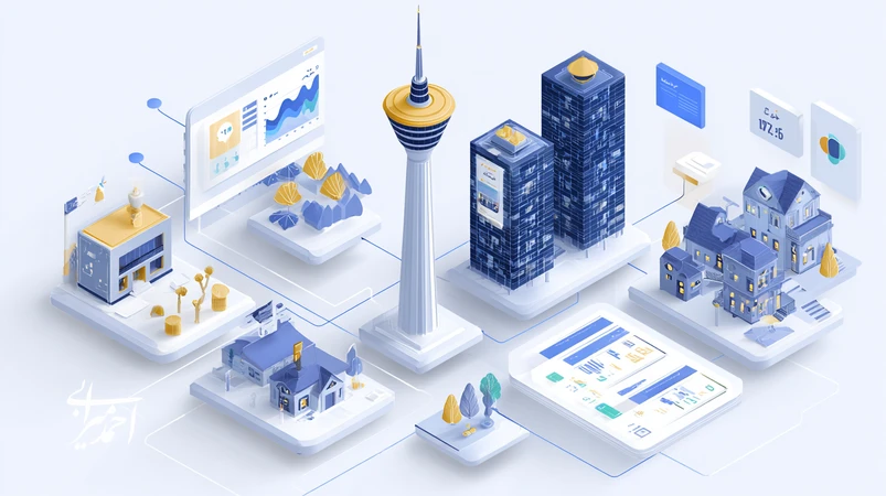 تصویری از معماری رشد پایدار در کسب‌وکارهای املاک ایران با قیف بازاریابی چندکاناله، داشبورد KPI (MQL، CAC، LTV، NPS) و همسویی فروش و برند.