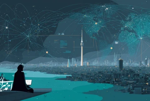 تصویر شاخص درباره موفق‌ترین استارتاپ‌های AI و درس‌هایی برای کارآفرینان ایرانی با نقشه جهان، شبکه عصبی و نمای برج میلاد، تمرکز بر مزیت داده و Network Effects