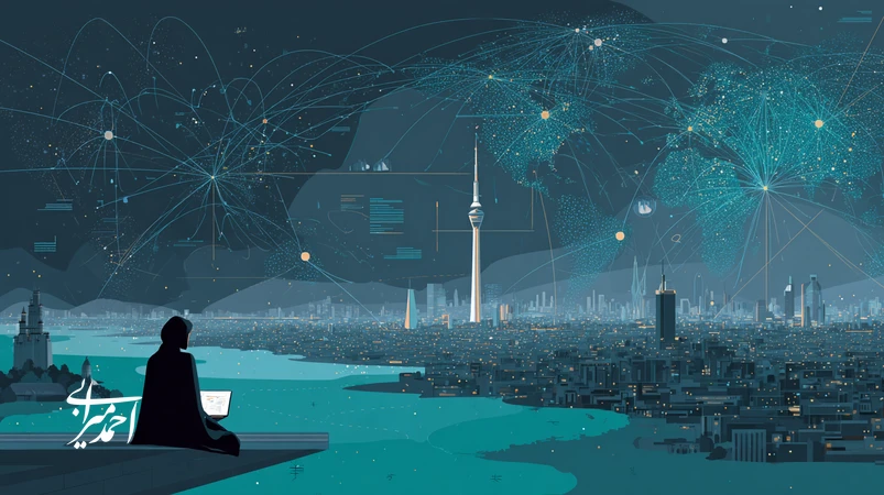 تصویر شاخص درباره موفق‌ترین استارتاپ‌های AI و درس‌هایی برای کارآفرینان ایرانی با نقشه جهان، شبکه عصبی و نمای برج میلاد، تمرکز بر مزیت داده و Network Effects