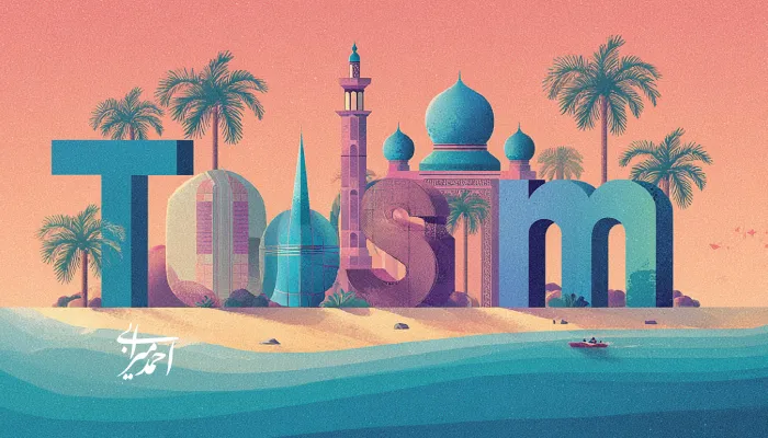 تصویر مفهومی از صنعت گردشگری با تایپوگرافی کلمه Tourism در کنار بناهای تاریخی و نخل‌ها؛ نمادی از هویت فرهنگی و مقصدهای گردشگری جهانی