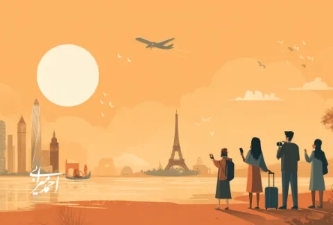 تصویر مفهومی از گردشگران در حال تماشای چشم‌انداز شهری با هواپیما در حال پرواز؛ نمادی از بازگشت سفر و رونق گردشگری جهانی پس از کرونا