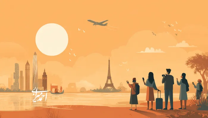 تصویر مفهومی از گردشگران در حال تماشای چشم‌انداز شهری با هواپیما در حال پرواز؛ نمادی از بازگشت سفر و رونق گردشگری جهانی پس از کرونا