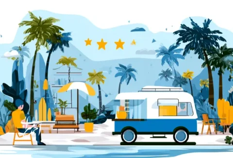 تصویر مفهومی از گردشگر و ون مسافرتی در ساحل گرمسیری؛ نمادی از گردشگری مدرن، فناوری و تجربه سفر شخصی‌سازی‌شده
