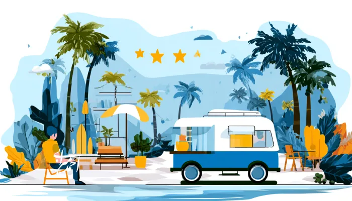 تصویر مفهومی از گردشگر و ون مسافرتی در ساحل گرمسیری؛ نمادی از گردشگری مدرن، فناوری و تجربه سفر شخصی‌سازی‌شده