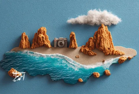تصویر مفهومی از جزیره‌ای کوچک با صخره‌های نارنجی و دوربین عکاسی؛ نمادی از برندینگ مقصد گردشگری و ثبت تجربه سفر
