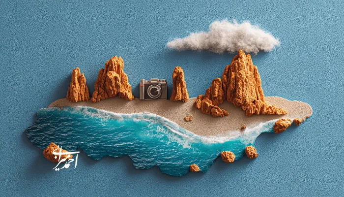 تصویر مفهومی از جزیرهای کوچک با صخرههای نارنجی و دوربین عکاسی؛ نمادی از برندینگ مقصد گردشگری و ثبت تجربه سفر