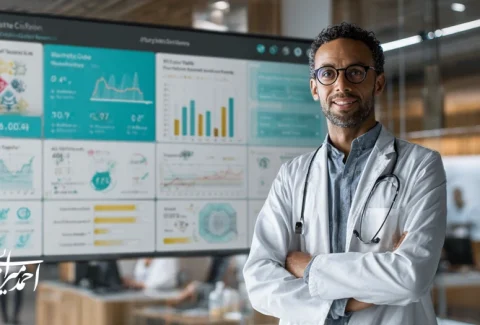 رهبر تحول‌گرا در صنعت سلامت با نمایش داشبورد داده و تیم درمان - برند الهام‌بخش مبتنی بر داده و اخلاق