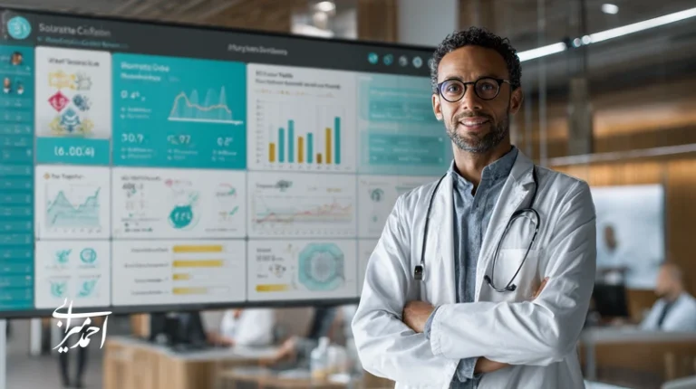 رهبر تحول‌گرا در صنعت سلامت با نمایش داشبورد داده و تیم درمان - برند الهام‌بخش مبتنی بر داده و اخلاق