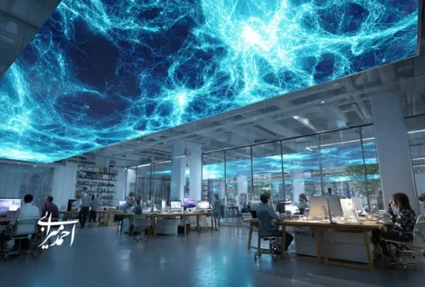 فضای کاری مدرن با سقفی دیجیتال که شبکه‌ای از نورهای آبی شبیه به نورون‌های هوش مصنوعی را نمایش می‌دهد؛ کارمندان در حال کار پشت میزهای خود در محیطی الهام‌گرفته از فناوری و نوآوری هستند.