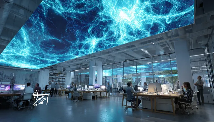 فضای کاری مدرن با سقفی دیجیتال که شبکه‌ای از نورهای آبی شبیه به نورون‌های هوش مصنوعی را نمایش می‌دهد؛ کارمندان در حال کار پشت میزهای خود در محیطی الهام‌گرفته از فناوری و نوآوری هستند.