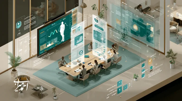 تصویر مفهومی از هوش مصنوعی به‌عنوان شریک تصمیم‌ساز در استراتژی برند؛ داشبوردهای داده، شخصی‌سازی اومنی‌چنل و سنجش احساسات با محور اعتماد و حاکمیت.