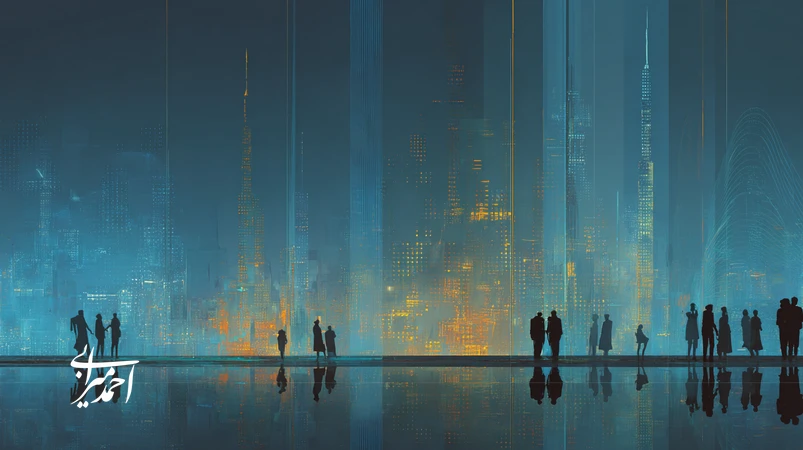 نمایی آیندهنگر از سرمایهگذاری هوش مصنوعی در ایران با جریانهای داده و شبکهها؛ نماد آینده بازار داده و اقتصاد دادهمحور.